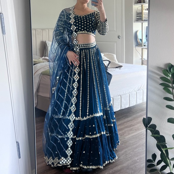 Navy and White Embellished Lehenga - Picture 3 of 5